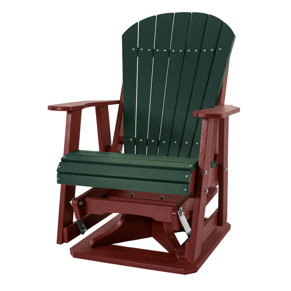 Kanyon Living Poly Lumber Swivel Adirondack Glider. A-weather outdoor chair with smooth swivel and gliding motion from DDR BBQ Supply in Dark Green & cherry Wood