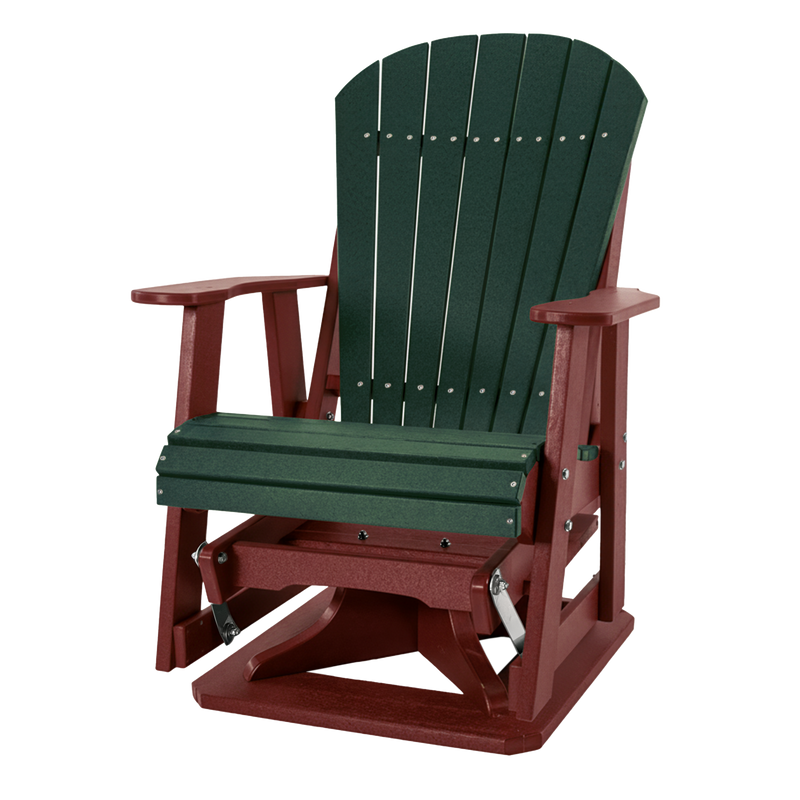 Kanyon Living Poly Lumber Swivel Adirondack Glider. A-weather outdoor chair with smooth swivel and gliding motion from DDR BBQ Supply in Dark Green & cherry Wood