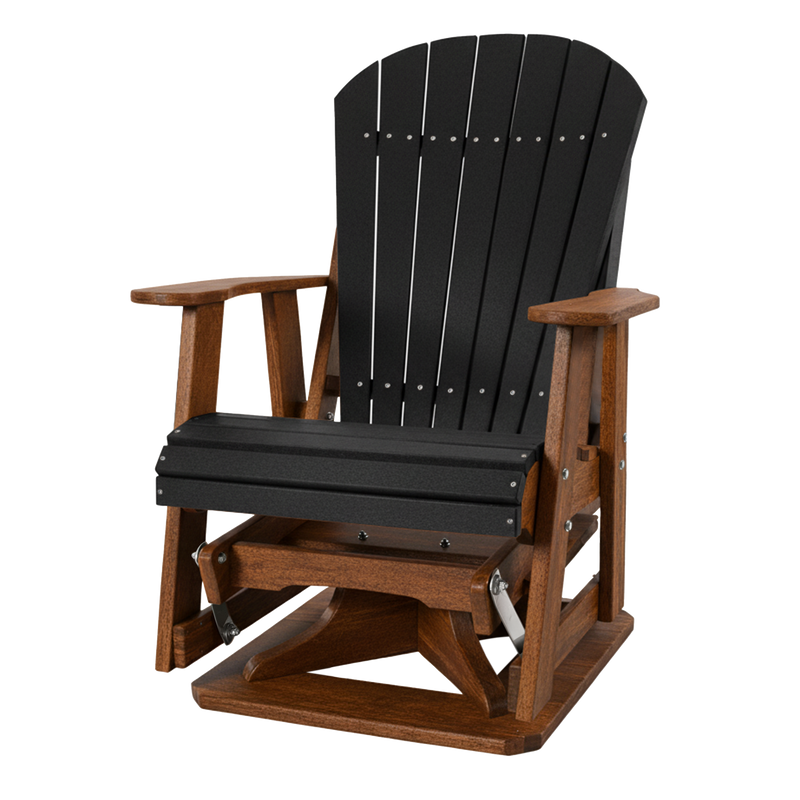 Kanyon Living Poly Lumber Swivel Adirondack Glider. A-weather outdoor chair with smooth swivel and gliding motion from DDR BBQ Supply in Black and Deluxe Antique Mahogany