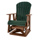 The Kanyon Living Adirondack Poly Glider Swivel Chair in Dark Green & Cedar features brown armrests and base with a green slatted backrest and seat, crafted from durable poly lumber, shown against a plain white background.