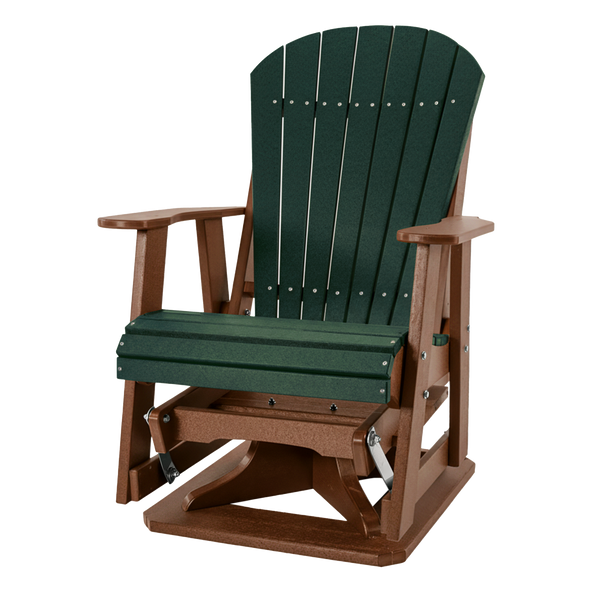 Kanyon Living Poly Lumber Swivel Adirondack Glider. A-weather outdoor chair with smooth swivel and gliding motion from DDR BBQ Supply in Dark Green and Cedar Wood