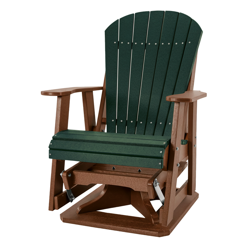Kanyon Living Poly Lumber Swivel Adirondack Glider. A-weather outdoor chair with smooth swivel and gliding motion from DDR BBQ Supply in Dark Green and Cedar Wood