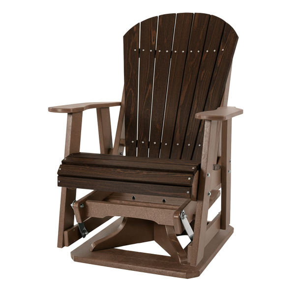 Kanyon Living Poly Lumber Swivel Adirondack Glider. A-weather outdoor chair with smooth swivel and gliding motion from DDR BBQ Supply in Deluxe Brazilian Walnut and Weathered Wood
