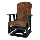 The Kanyon Living Adirondack Poly Glider Swivel Chair Deluxe in Antique Mahogany and Black features slatted design, black armrests, and a sturdy base, offering smooth gliding motion for outdoor comfort.