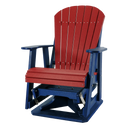 The Kanyon Living Adirondack Poly Glider Swivel Chair in Red & Blue features a wood-look finish, red slatted seat and back, blue arms and frame—offering eco-friendly outdoor comfort from Kanyon Living against a plain white background.
