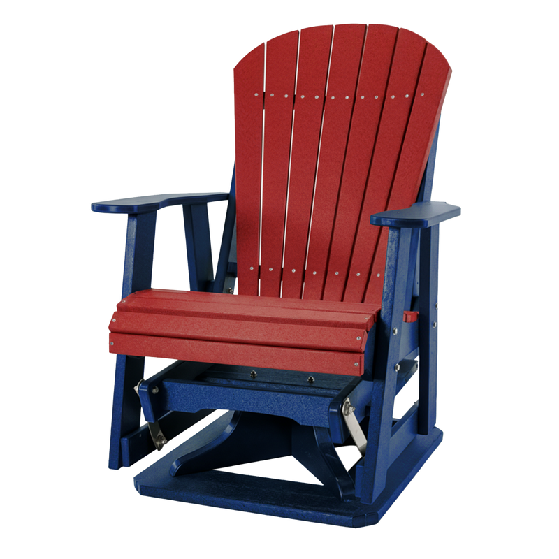 Kanyon Living Poly Lumber Swivel Adirondack Glider. A-weather outdoor chair with smooth swivel and gliding motion from DDR BBQ Supply in Red & Blue.