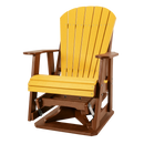 The Kanyon Living Adirondack Poly Glider Swivel Chair in yellow and cedar features a slatted back and seat, brown armrests and base, visible metal hardware, and is quality Amish Made Outdoor Furniture shown on a plain white background.