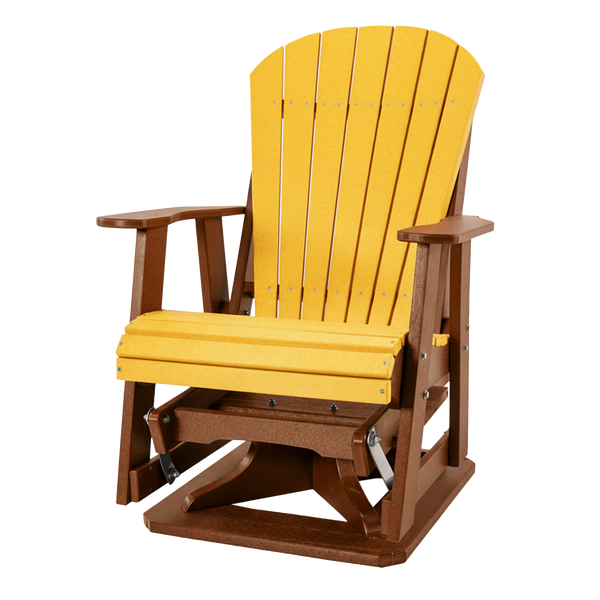 Kanyon Living Poly Lumber Swivel Adirondack Glider. A-weather outdoor chair with smooth swivel and gliding motion from DDR BBQ Supply in Yellow & Cedar.