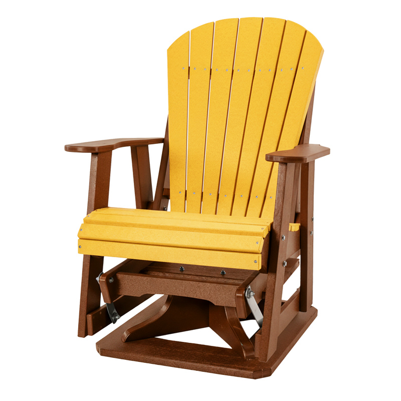 Kanyon Living Poly Lumber Swivel Adirondack Glider. A-weather outdoor chair with smooth swivel and gliding motion from DDR BBQ Supply in Yellow & Cedar.