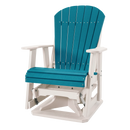 The Kanyon Living Adirondack Poly Glider Swivel Chair in Aruba Blue & White features a slatted back and seat, white armrests, and a sturdy base for comfortable, stylish outdoor rocking. Perfect for your backyard retreat.
