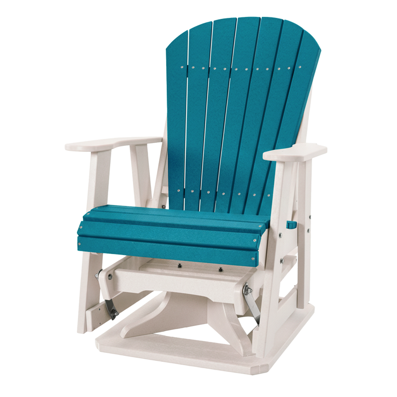 Kanyon Living Poly Lumber Swivel Adirondack Glider. A-weather outdoor chair with smooth swivel and gliding motion from DDR BBQ Supply in Aruba Blue & White