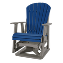 The Kanyon Living Adirondack Poly Glider Swivel Chair in Blue & Light Grey by Kanyon Living features armrests, a slatted backrest, and a sturdy base. Made from recycled HDPE, it’s designed for gentle rocking motion. Shown on a white background.