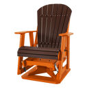 The Kanyon Living Adirondack Poly Glider Swivel Chair by Kanyon Living features a dark wood-look slatted back and seat, orange armrests and frame, durable recycled HDPE material, and metal hardware for a comfortable glide.