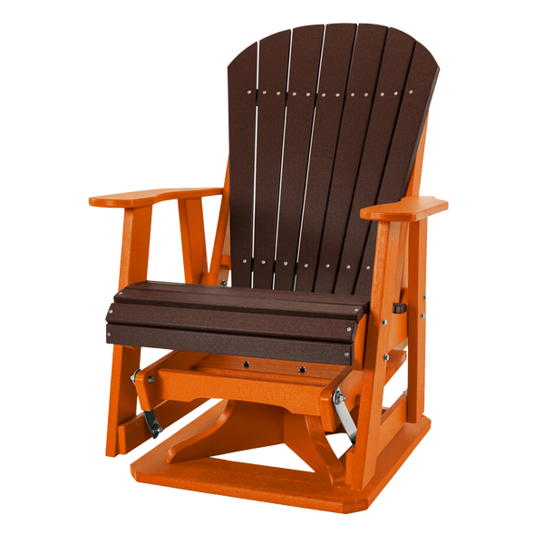 Kanyon Living Poly Lumber Swivel Adirondack Glider. A-weather outdoor chair with smooth swivel and gliding motion from DDR BBQ Supply in Driftwood Dark Wood & Orange