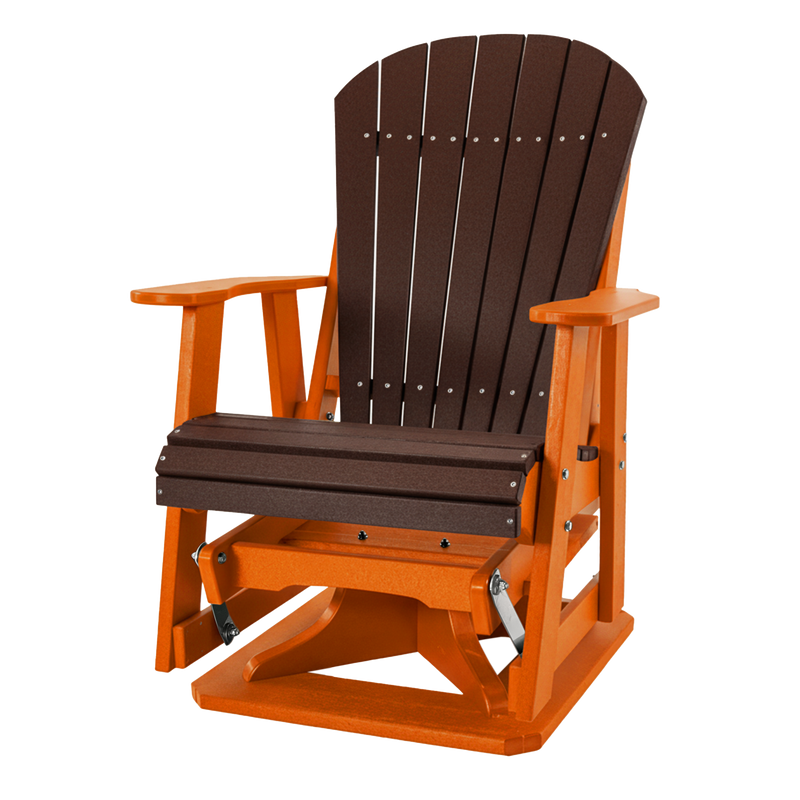 Kanyon Living Poly Lumber Swivel Adirondack Glider. A-weather outdoor chair with smooth swivel and gliding motion from DDR BBQ Supply in Driftwood Dark Wood & Orange