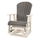 The Kanyon Living Adirondack Poly Glider Swivel Chair in Driftwood Grey & White features recycled HDPE, wide armrests, a sturdy frame, and a swivel glider design for outdoor comfort.
