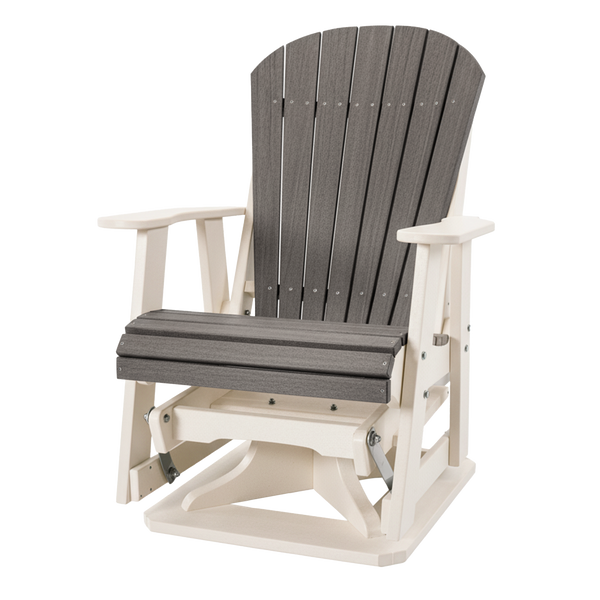 Kanyon Living Poly Lumber Swivel Adirondack Glider. A-weather outdoor chair with smooth swivel and gliding motion from DDR BBQ Supply in Driftwood Grey & White