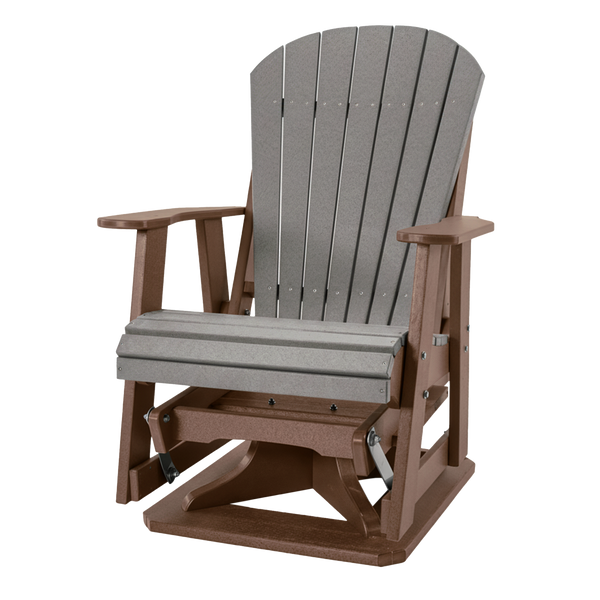 Kanyon Living Poly Lumber Swivel Adirondack Glider. A-weather outdoor chair with smooth swivel and gliding motion from DDR BBQ Supply in Light Grey and Weathered Wood.