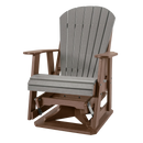 The Kanyon Living Adirondack Poly Glider Swivel Chair in light grey and weathered wood features a high slatted back, brown armrests/base, and smooth gliding—perfect for outdoor comfort and eco-friendly living.