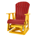 The Kanyon Living Adirondack Poly Glider Swivel Chair in red and yellow features a vibrant slatted back and seat, durable recycled HDPE construction, and is perfect for outdoor relaxation. Brand: Kanyon Living. Shown on a white background.