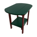 The Kanyon Living Poly Lumber Oval Side Table features a dark green top and shelf with cherry legs. This weather-resistant, wood-look table has rounded edges and a lower shelf, making it perfect for outdoor storage and use.