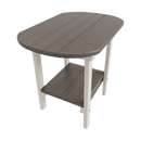 The Kanyon Living Poly Lumber Oval Side Table Deluxe in Driftwood Grey & White features a slatted, driftwood grey top with rounded corners, a lower shelf, and sturdy white legs. The outdoor table is shown on a white background.