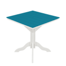 The Kanyon Living Poly Lumber 42-Inch Square Outdoor Dining Table features an Aruba Blue slatted top and white pedestal legs, shown against a plain white background.