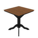 The Kanyon Living Poly Lumber 42-Inch Square Outdoor Dining Table Deluxe in Antique Mahogany & Black features a slatted wood-look top and black metal pedestal base, shown weather-resistant on a plain white background.