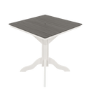 The Kanyon Living Poly Lumber 42-Inch Square Outdoor Dining Table Deluxe in Driftwood Grey & White is shown from a slightly elevated angle, featuring a durable slatted top and white pedestal base against a plain white background.