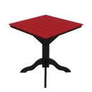 The Kanyon Living Poly Lumber 42-Inch Square Outdoor Dining Table in red and black features a red slatted top and a black pedestal base, shown against a plain white background.