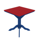 The Kanyon Living Poly Lumber 42-Inch Square Outdoor Dining Table features a red slatted top and blue pedestal legs, shown on a plain white background.