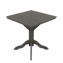 The Kanyon Living Poly Lumber 42-Inch Square Outdoor Dining Table Deluxe Driftwood Grey features a slatted top, central pedestal support, and four curved legs, crafted for durability and shown against a plain white background.