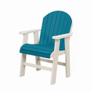 The Kanyon Living Poly Lumber Fixed Dining Height Chair in Aruba Blue & White features a teal slatted seat and backrest with coastal-style white armrests and legs, perfect for outdoor seating, by Kanyon Living. Displayed against a plain white background.