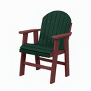 The Kanyon Living Poly Lumber Fixed Dining Height Chair in Dark Green & Cherry Wood features Adirondack styling, echoing classic Amish outdoor furniture—an inviting addition to any space. Shown here against a plain white background.