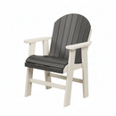 The Kanyon Living Poly Lumber Fixed Dining Height Chair Deluxe in Driftwood Grey & White offers stylish coastal outdoor seating with an Adirondack-style curved, slatted back and seat, plus off-white armrests and legs, pictured against a plain white background.
