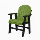 The Kanyon Living Poly Lumber Fixed Dining Height Chair in lime green and black features a slatted Adirondack-style design with black armrests and legs, offering stylish outdoor seating. Brand: Kanyon Living.