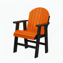 The Kanyon Living Poly Lumber Fixed Dining Height Chair in orange and black features a slatted seat and backrest with sturdy armrests—ideal for modern patio seating. Brand: Kanyon Living.