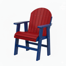 The Kanyon Living Poly Lumber Fixed Dining Height Chair in red and blue features Amish craftsmanship with a slatted seat and backrest, providing stylish outdoor seating. Brand: Kanyon Living.
