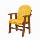 The Kanyon Living Poly Lumber Fixed Dining Height Chair features a yellow slatted seat and backrest with cedar wood-toned armrests and legs, inspired by Amish outdoor furniture. Displayed on a white background. Brand: Kanyon Living.