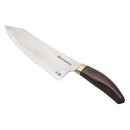 The Messermeister Kawashima Chef's Knife - 8" features a broad high-carbon stainless steel blade, an ergonomic wood handle, a brass bolster, and displays the Messermeister brand name along with Japanese characters on the blade.