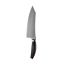 The Messermeister Kawashima Chef's Knife - 8" features a sharp, wide high-carbon stainless steel blade and a dark, polished ergonomic wooden handle, displayed on a plain white background.