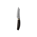 The Messermeister Kawashima Paring Knife - 3.5" features a polished wooden handle, brass accent, and a short, curved SG2 powdered steel blade, shown on a white background.