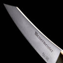 Close-up of the Messermeister Kawashima Paring Knife - 3.5", featuring a sharp stainless steel blade with “Messermeister” and Japanese characters etched on it, set against a black background.