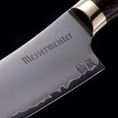 Close-up of the Messermeister Kawashima Slicer - 10" blade, highlighting Japanese craftsmanship through bold engraving and kanji on the polished SG2 powdered steel, with a sleek metal-accented handle.