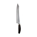 The Messermeister Kawashima Slicer - 10" by Messermeister showcases Japanese craftsmanship, featuring a polished stainless steel blade and a dark wooden handle, set against a plain white background.