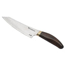The Messermeister Kawashima Utility Knife - 6" features a shiny stainless steel blade and dark wooden handle, with the Messermeister brand name printed on the blade—perfect for kitchen prep.