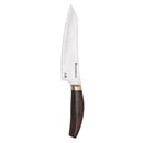 The Messermeister Kawashima Utility Knife - 6" features a wide, shiny stainless steel blade engraved with text, a slightly serrated upper edge, and a dark wooden handle with a gold-colored accent—ideal for kitchen prep.