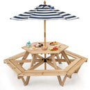 The Kids Hexagonal Picnic Table with Umbrella and 6 Benches by DirectDeals offers perfect outdoor seating for kids, featuring attached benches and a striped umbrella—ideal for fun gatherings and snacks.