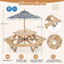 DirectDeals Kids Hexagonal Picnic Table with Umbrella and 6 Benches seats 6 kids ages 3–8; table holds 90 lbs, benches hold 165 lbs. Tabletop is 19″ high, umbrella height is adjustable from 58.5–61″.