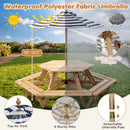 DirectDeals Kids Hexagonal Picnic Table with Umbrella and 6 Benches features a blue/white striped umbrella with waterproof polyester, adjustable height, locking pin, air vent, 6 ribs, and detachable pole.